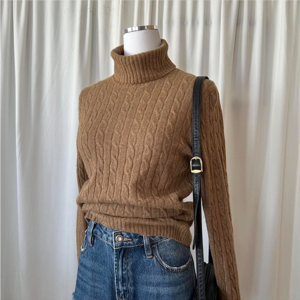 J.Crew tan cable knit turtleneck sweater wool cashmere blend size Large. - Picture 4 of 8